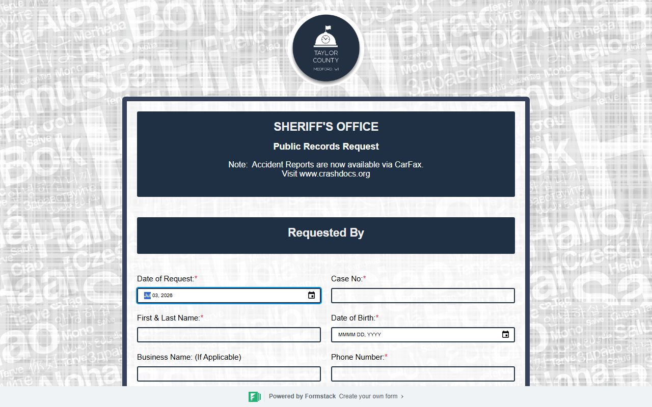 Taylor County Sheriff's Office records request form for inmate records