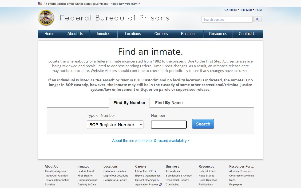Federal BOP inmate locator search page