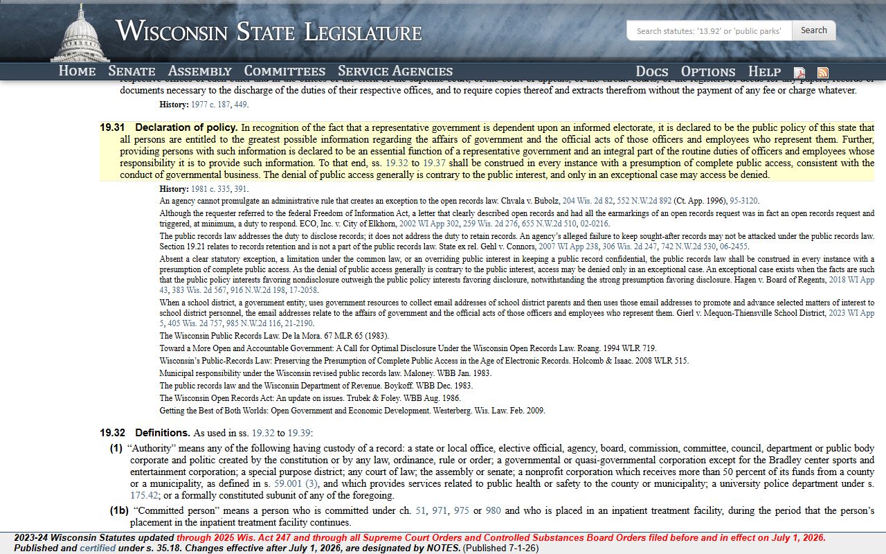 Wisconsin public records policy statute page